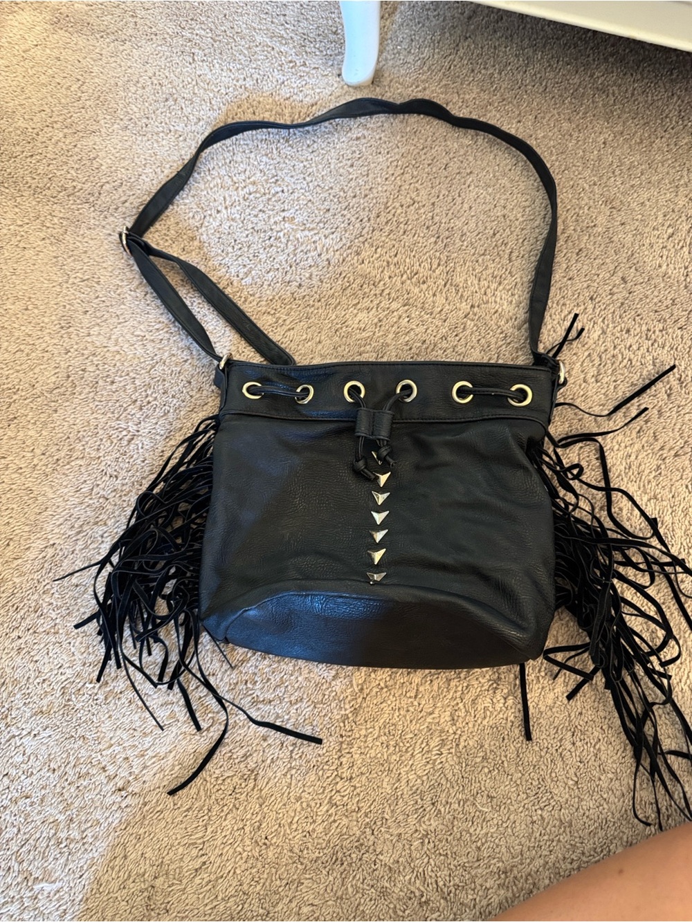 Black Fringe Crossbody Shoulder Bag with Gold Accents